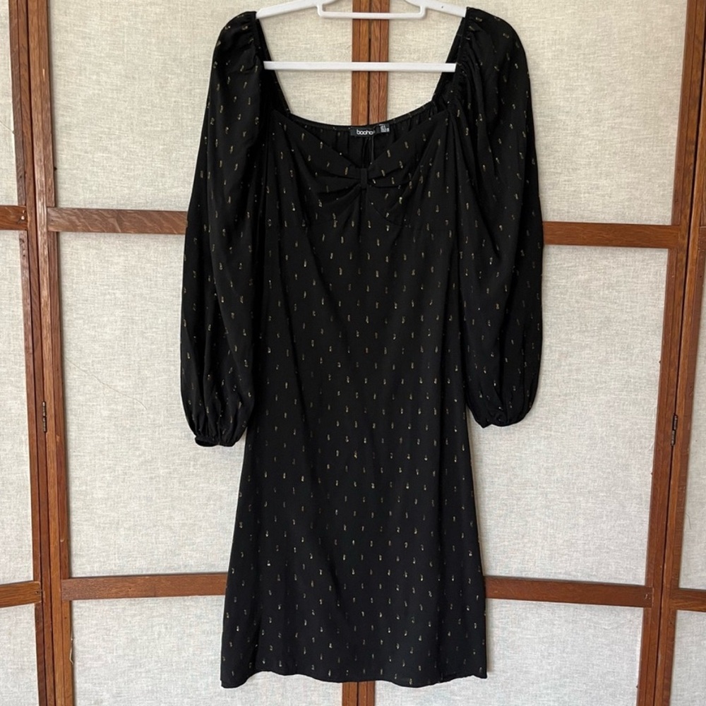 Boohoo Petite Metallic Black and Gold Donny Puff Sleeve Midi Dress NWT - 8 - Picture 5 of 13